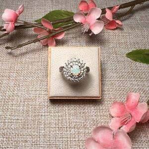 SZ 7 | 925 Sterling Silver White Fire Opal Double Diamond Halo Round Ring